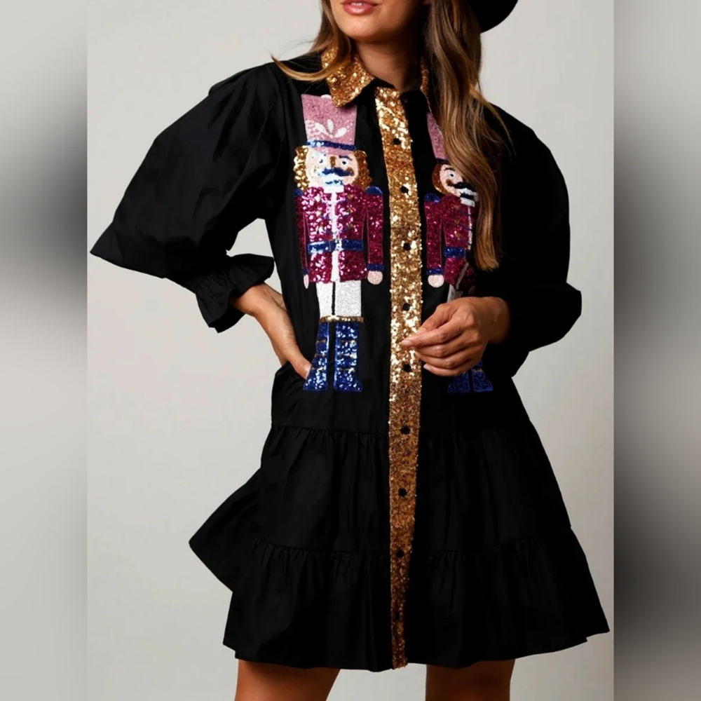 Black Long Sleeve Dress with Sequin Nutcracker Design - Picture 2 of 3